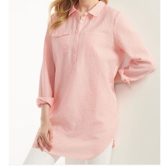 CHARLIE PAIGE Pink Seersucker Button Up Tunic Size S - Picture 1 of 9